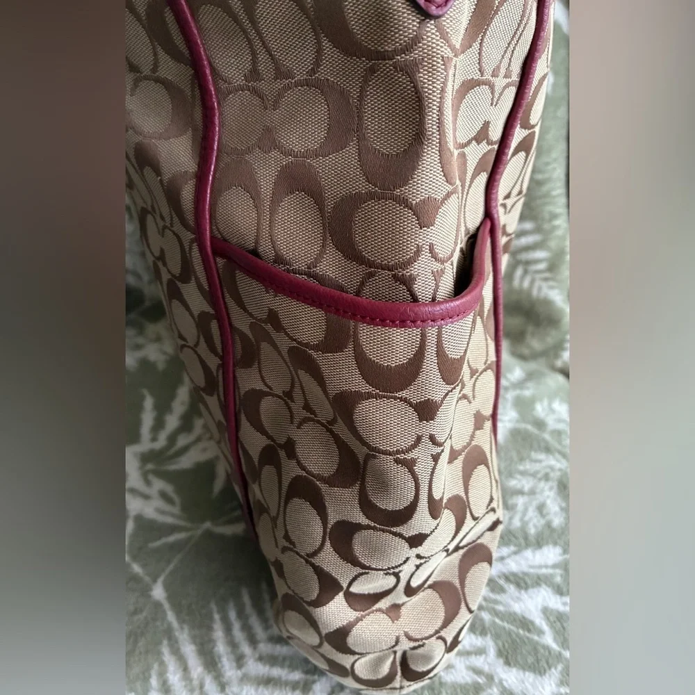 Coach Beige Signature Canvas Tote with Cherry Trim
